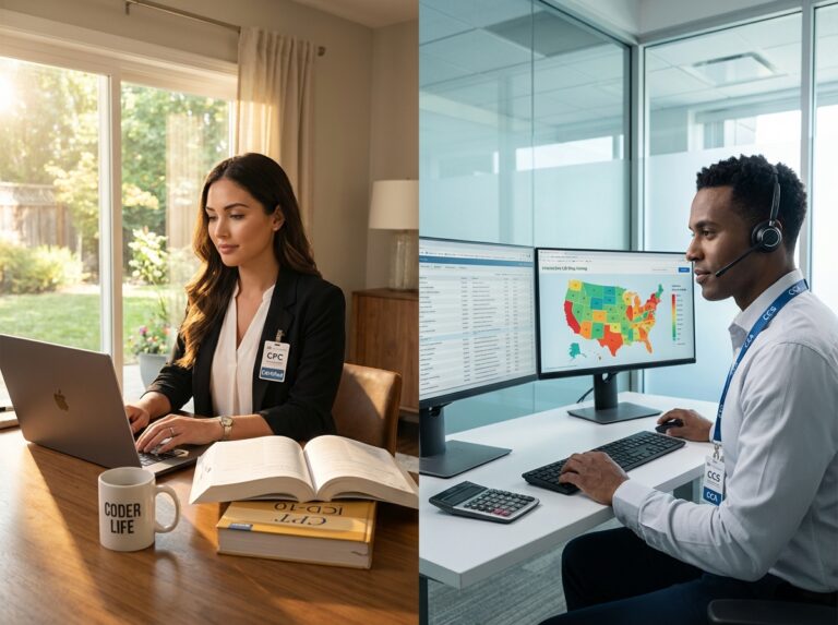 Diverse medical coders working remotely and in-office with code books, dual monitors showing records and a US salary heatmap, and certification badges visible