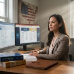 Remote medical coder working at a home office with dual monitors showing electronic health records and coding manuals, a notepad listing certifications, and visual icons indicating secure HIPAA-compliant connection