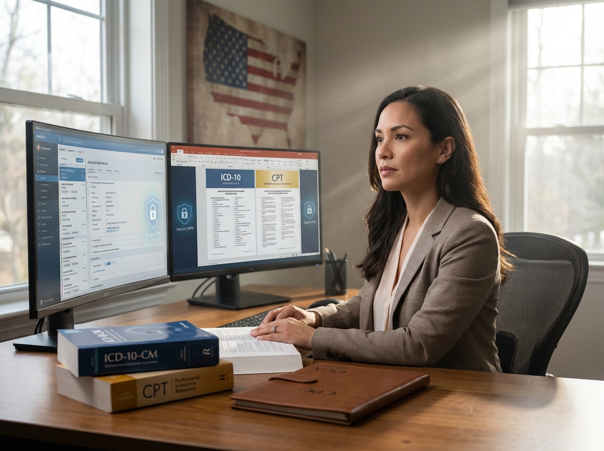 Remote medical coder working at a home office with dual monitors showing electronic health records and coding manuals, a notepad listing certifications, and visual icons indicating secure HIPAA-compliant connection