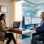 Split image of a remote coder at a home office laptop with coding lists and a certified framed on the wall and an in‑office billing specialist managing claims on dual monitors
