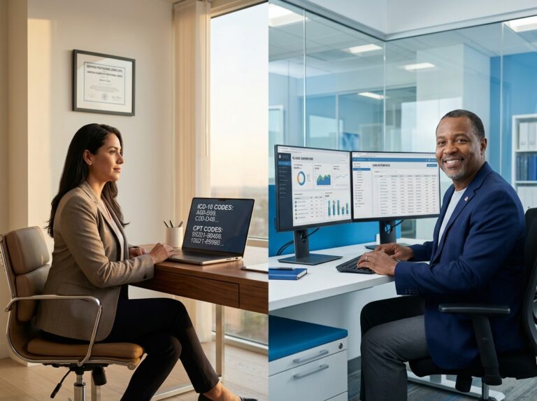 Split image of a remote coder at a home office laptop with coding lists and a certified framed on the wall and an in‑office billing specialist managing claims on dual monitors