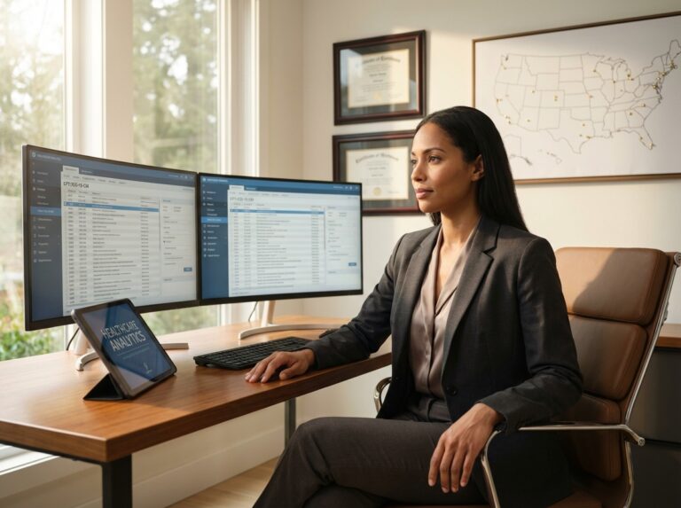 Diverse remote medical coder at home desk with dual monitors showing coding software, certifications on wall, and a US map with job location pins