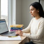 Student studying for the AAPC CPC exam with CPT and ICD‑10‑CM books, laptop showing practice questions, and study notes in a bright home office setting