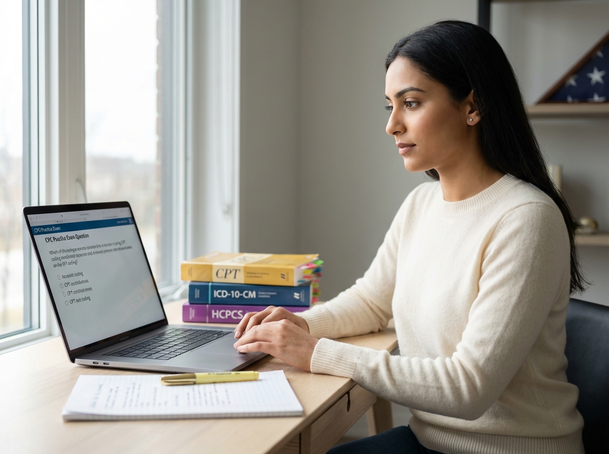 Student studying for the AAPC CPC exam with CPT and ICD‑10‑CM books, laptop showing practice questions, and study notes in a bright home office setting