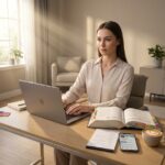 Young professional working from a home office with open ICD‑10 and CPT code books, laptop showing LinkedIn, and notes—representing a beginner preparing for a medical coding career in the US