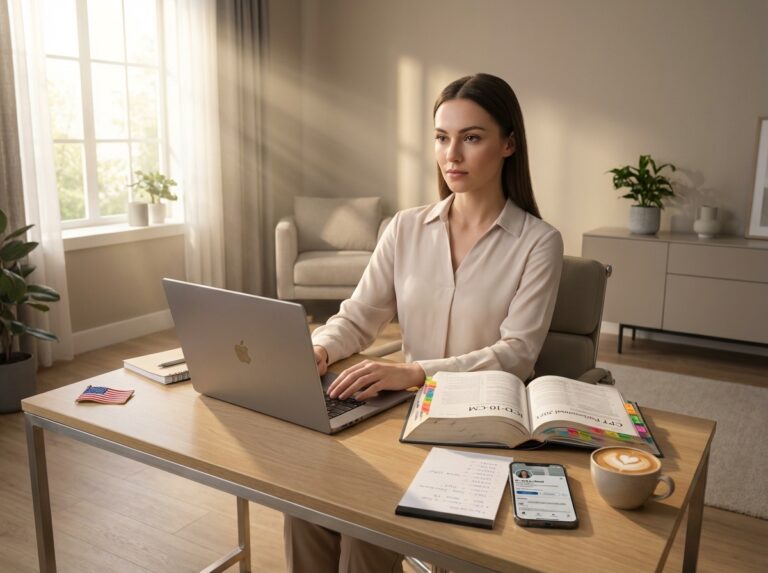 Young professional working from a home office with open ICD‑10 and CPT code books, laptop showing LinkedIn, and notes—representing a beginner preparing for a medical coding career in the US