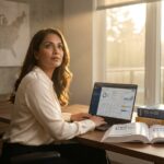 Medical coder at home office desk with laptop, ICD‑10 and CPT codebooks, AAPC and AHIMA study guides, and a U.S. map in the background