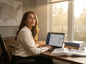 Medical coder at home office desk with laptop, ICD‑10 and CPT codebooks, AAPC and AHIMA study guides, and a U.S. map in the background