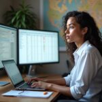 Medical coding student at home desk studying ICD‑10 and CPT codes on dual monitors with coding software visible