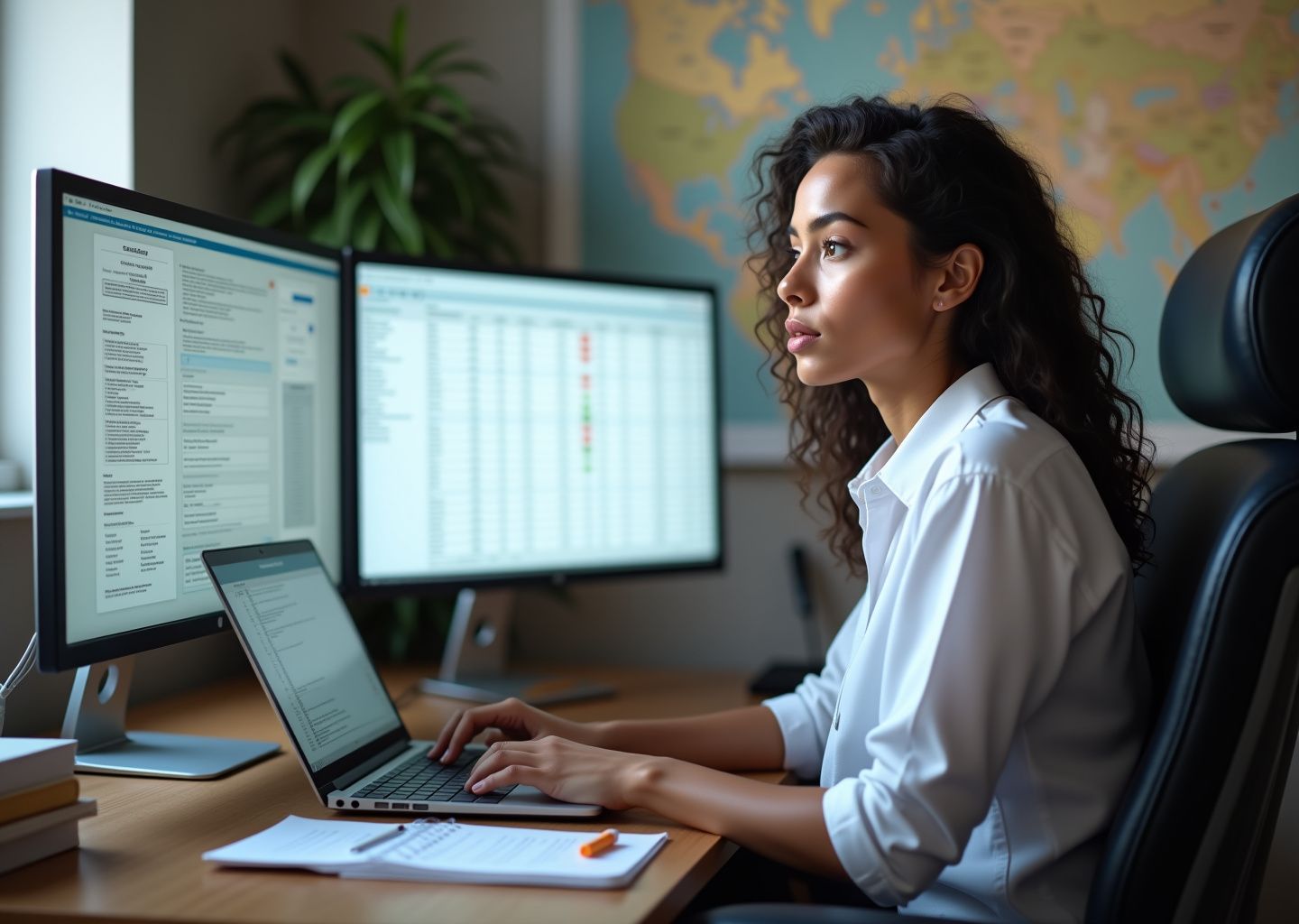 Medical coding student at home desk studying ICD‑10 and CPT codes on dual monitors with coding software visible
