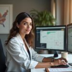 Young professional at a home office desk studying ICD‑10/CPT codes on one monitor and a billing dashboard on another, with coding manual and notebook nearby, and a soft background hinting at office work and a US map.