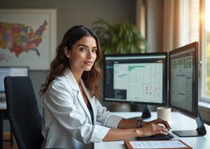 Young professional at a home office desk studying ICD‑10/CPT codes on one monitor and a billing dashboard on another, with coding manual and notebook nearby, and a soft background hinting at office work and a US map.