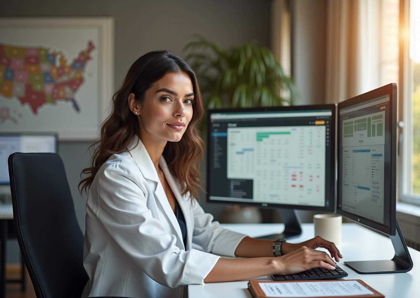 Young professional at a home office desk studying ICD‑10/CPT codes on one monitor and a billing dashboard on another, with coding manual and notebook nearby, and a soft background hinting at office work and a US map.