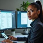 Medical coder at desk reviewing EHR notes and coding manuals with payer policy screens and certification card visible