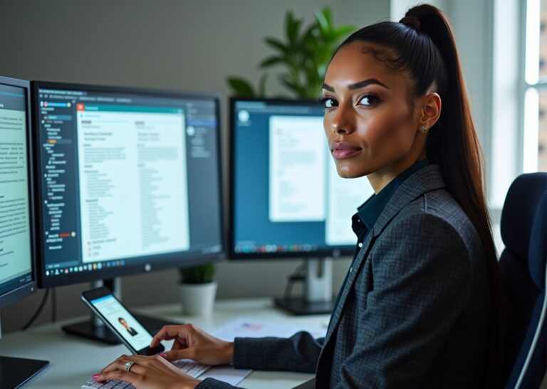 Medical coder at desk reviewing EHR notes and coding manuals with payer policy screens and certification card visible