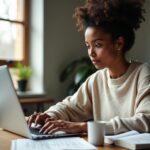 Person studying medical coding at a laptop with ICD‑10 code list, CMS guidance PDF, notepad and reference books, representing free resources for learning coding and remote US job search