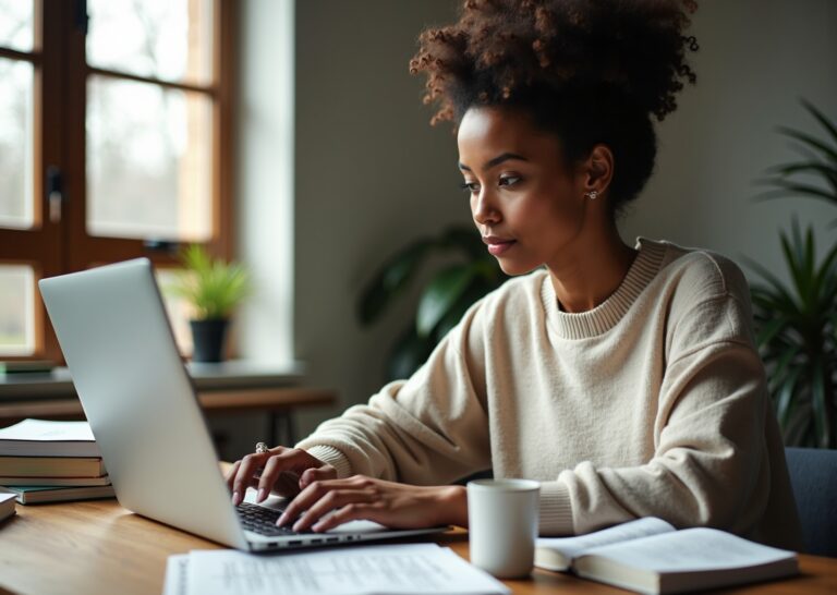 Person studying medical coding at a laptop with ICD‑10 code list, CMS guidance PDF, notepad and reference books, representing free resources for learning coding and remote US job search