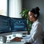 Medical coder at home office with EHR screens, AI coding suggestions overlay, framed certification on wall and subtle US motif in background