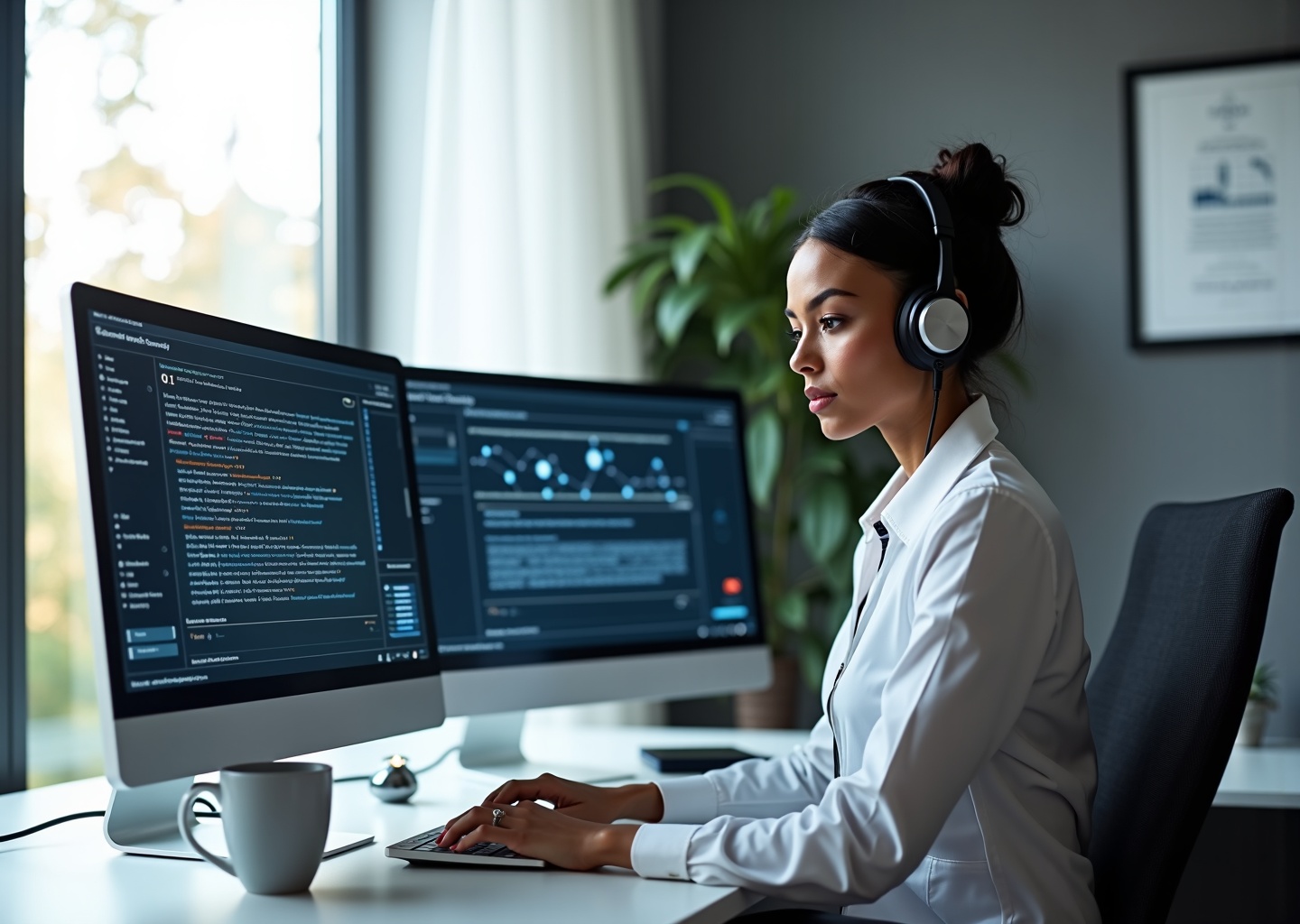 Medical coder at home office with EHR screens, AI coding suggestions overlay, framed certification on wall and subtle US motif in background