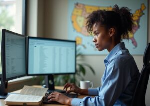 Remote medical coder at home office with dual monitors showing EHR and code lists ICD‑10 and CPT, certification badge and US map in background