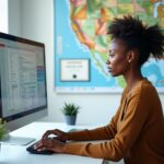 Diverse medical coder at home office with dual monitors showing codes and claims, coding textbook and certification on wall, and a US map with remote job pins.