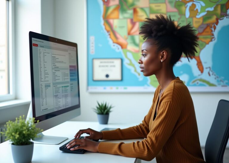 Diverse medical coder at home office with dual monitors showing codes and claims, coding textbook and certification on wall, and a US map with remote job pins.