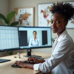Medical coder working at home with dual monitors showing ICD-10 CPT tables, certification badges on desk and a US map in background