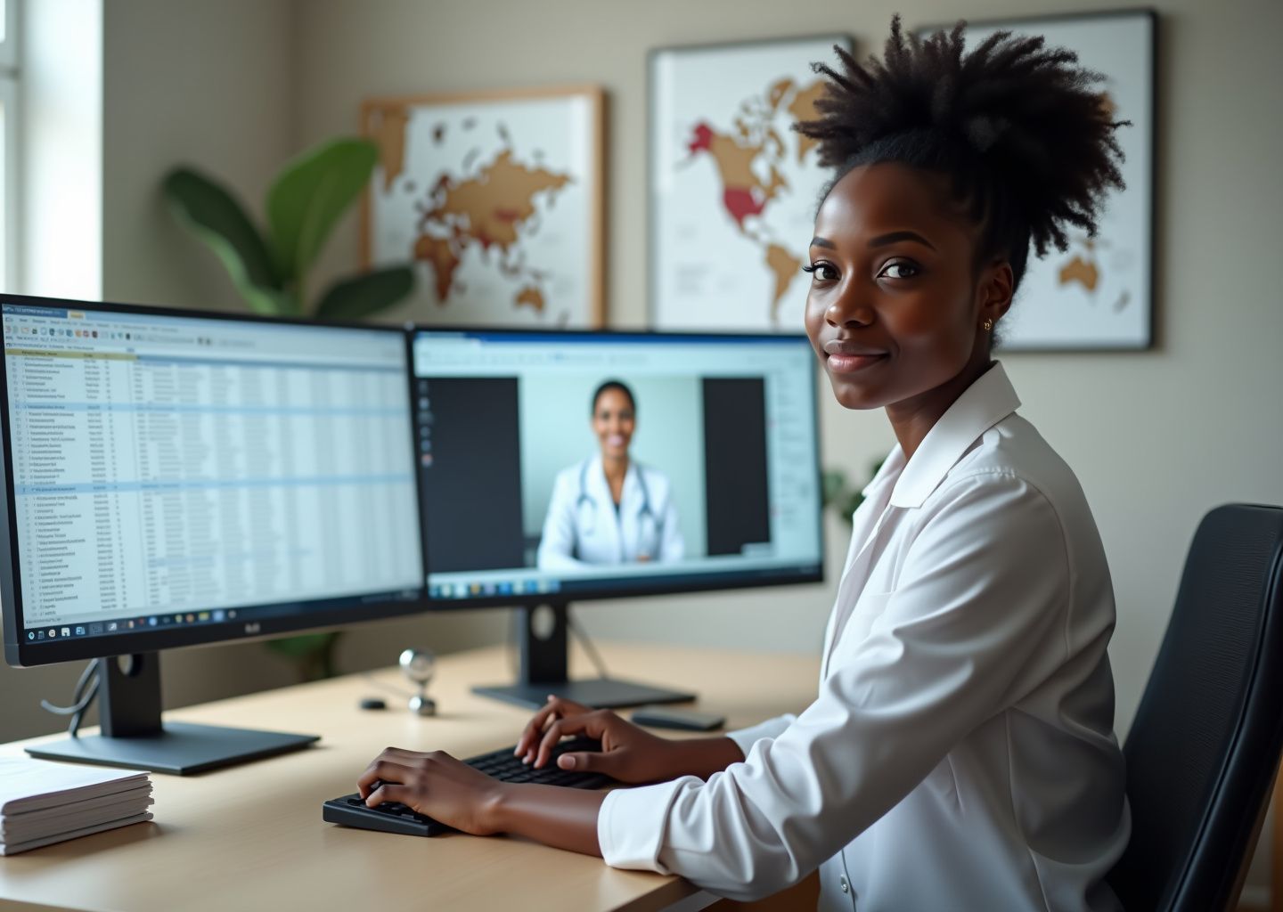 Medical coder working at home with dual monitors showing ICD-10 CPT tables, certification badges on desk and a US map in background